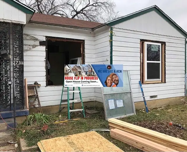 Rehab in Progress – Fast and Seamless Home Selling with Top Ranked Home Buyers Picture of a house with the Top Ranked Home Buyers Banner revealing a House Flip is in progress.