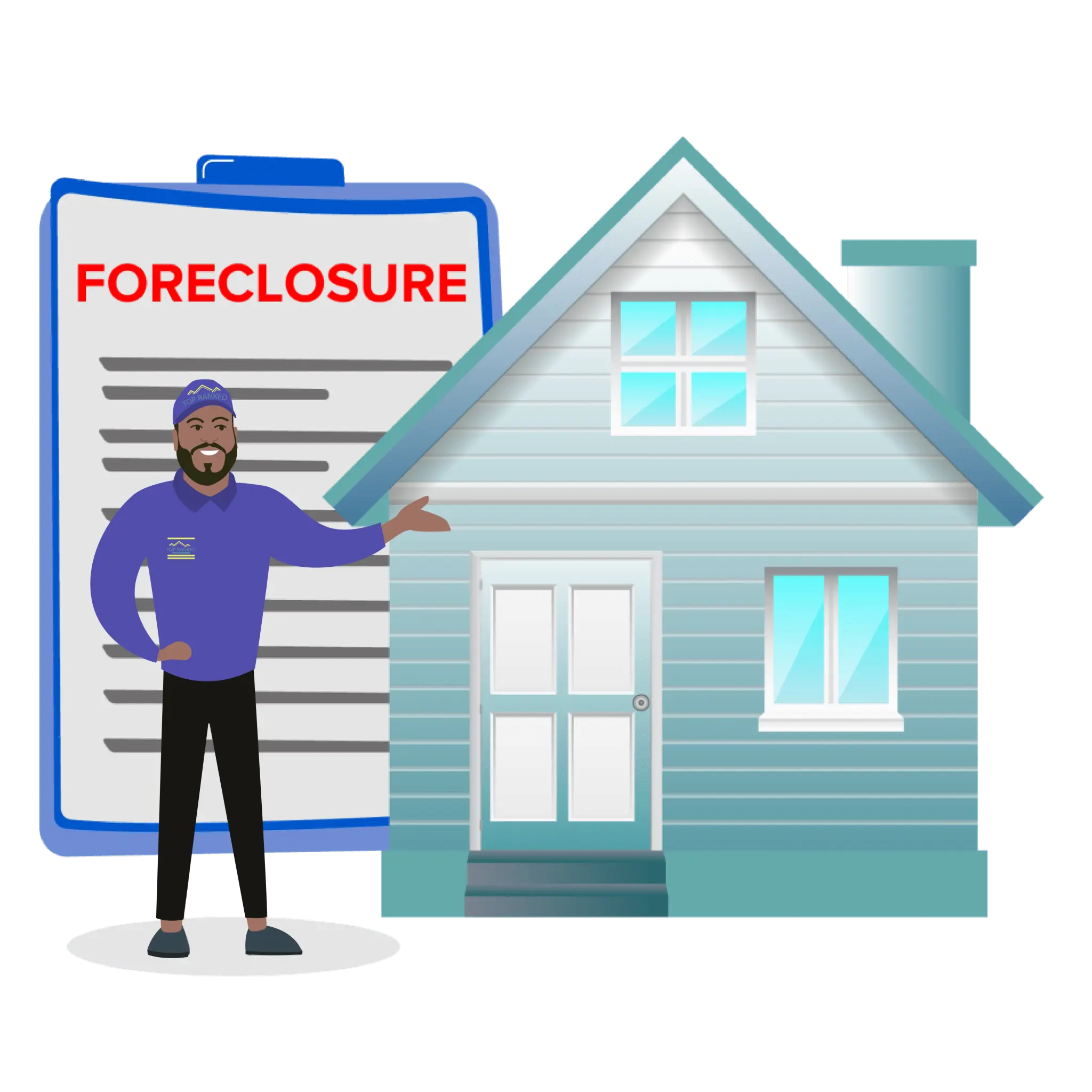 FINANCIAL DISTRESS FORECLOSURE FAQ PAGE A Cartoon illustration of CEO Kenneth Sesley standing in front of a Distressed Property, encouraging people to avoid foreclosure and sell their property quickly for cash.