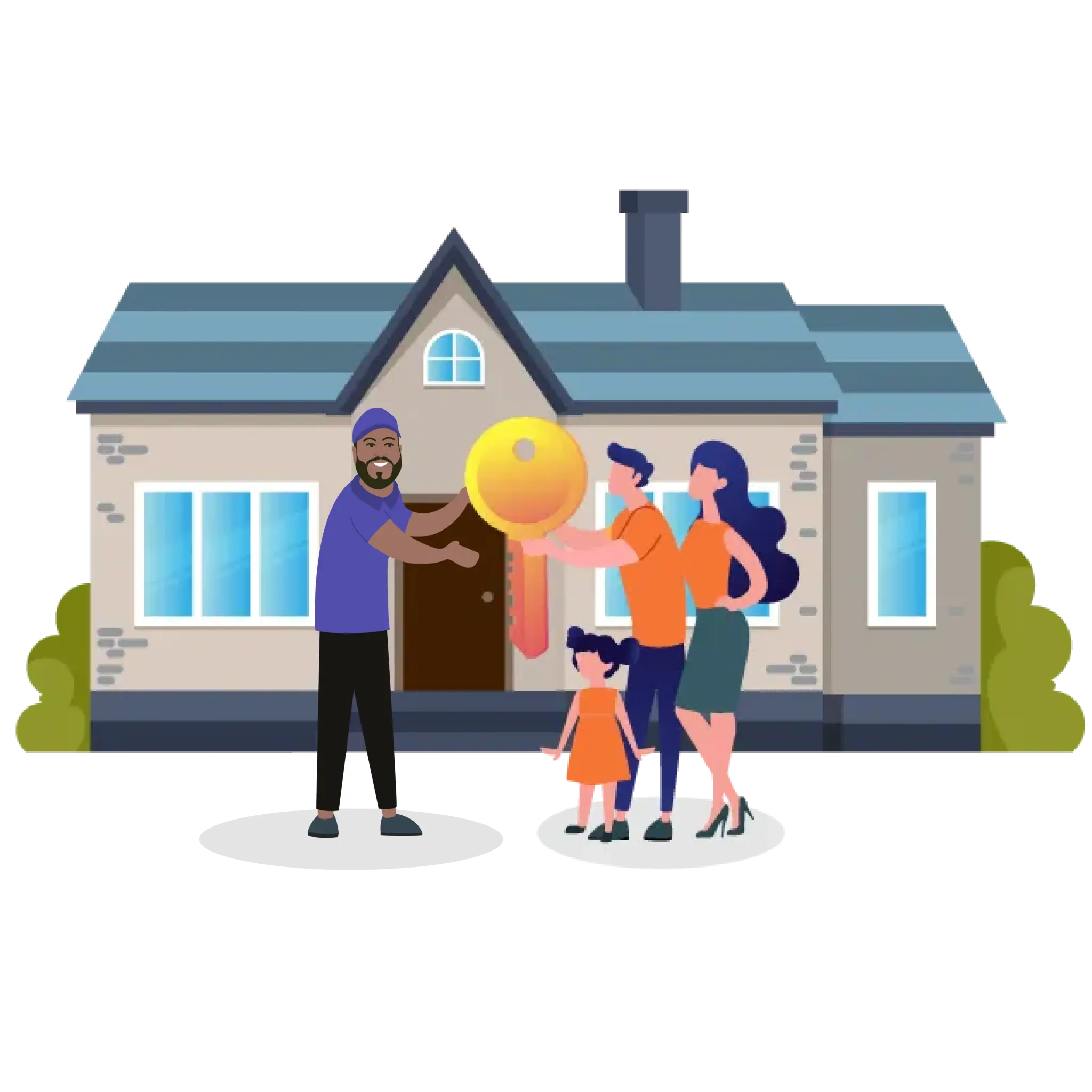 WE_ARE_PAID_OUR_PROFIT_WHEN_WE_RESALE_THE_PROPERTY Kenneth Sesley standing in front of the house presenting the key to a young family who are the proud new owners of this beautiful home.