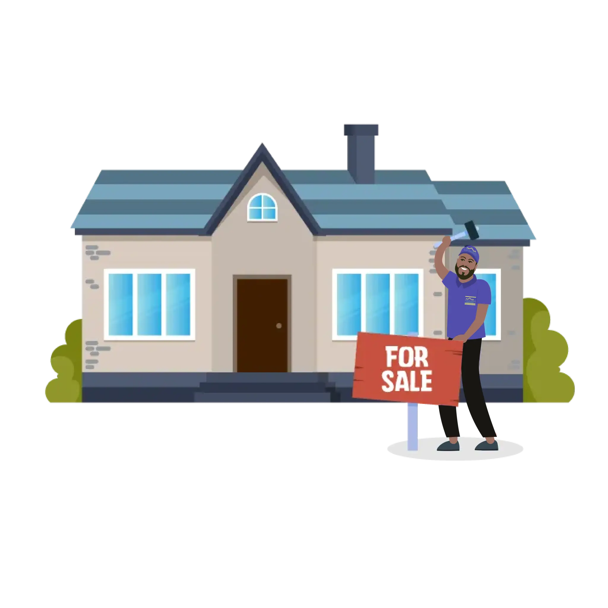 WE_DETERMINE_OUR_SELLING_COST_FLAT_VECTOR The renovated home now ready for sale with Kenneth placing a For Sale sign in front of the house.