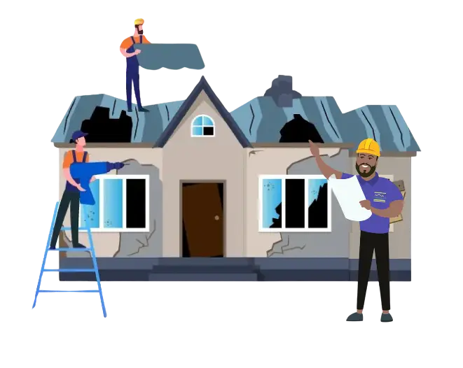 We_Determine_Our_Selling_Costs The cartoon picture of the house in disrepair with a cartoon vector of Kenneth Sesley and his team outside repair the damage to the property.