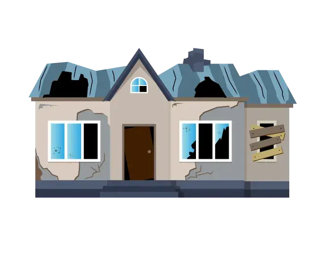 We_Determine_The_As_Is_Flat_Vector The same house before it is remodeled with damage to the roof, window and in a state general disrepair