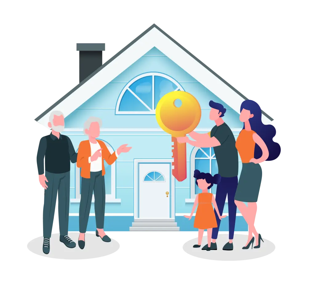 inherited-Properties_Flat_Vector An illustrated picture of a family with an unwanted Inherited Property explaining that Top Ranked Home Buyers can buy it Probate Properites in any kind of condition.