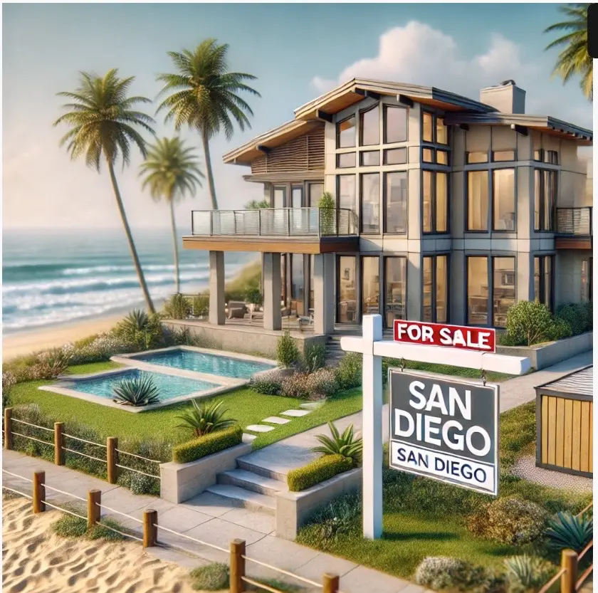 "Luxury beachfront home for sale in San Diego, featuring modern architecture, palm trees, and a 'For Sale' sign with 'San Diego' written on it, showcasing the competitive housing market in 2025."
